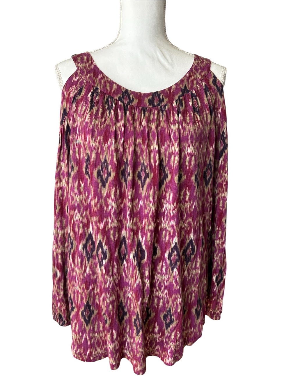 Lauren Ralph Lauren XL Cold Shoulder Long Sleeve Top Ikat Print Cotton Modal